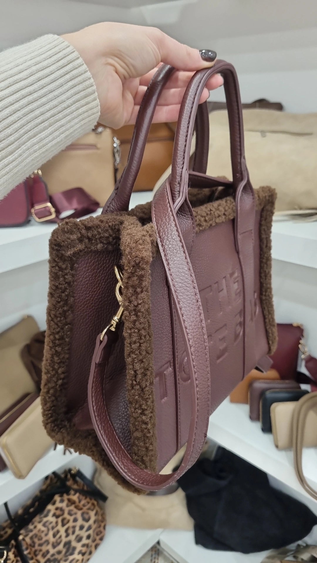 Tote wooled crossbody bag in chocolate brown