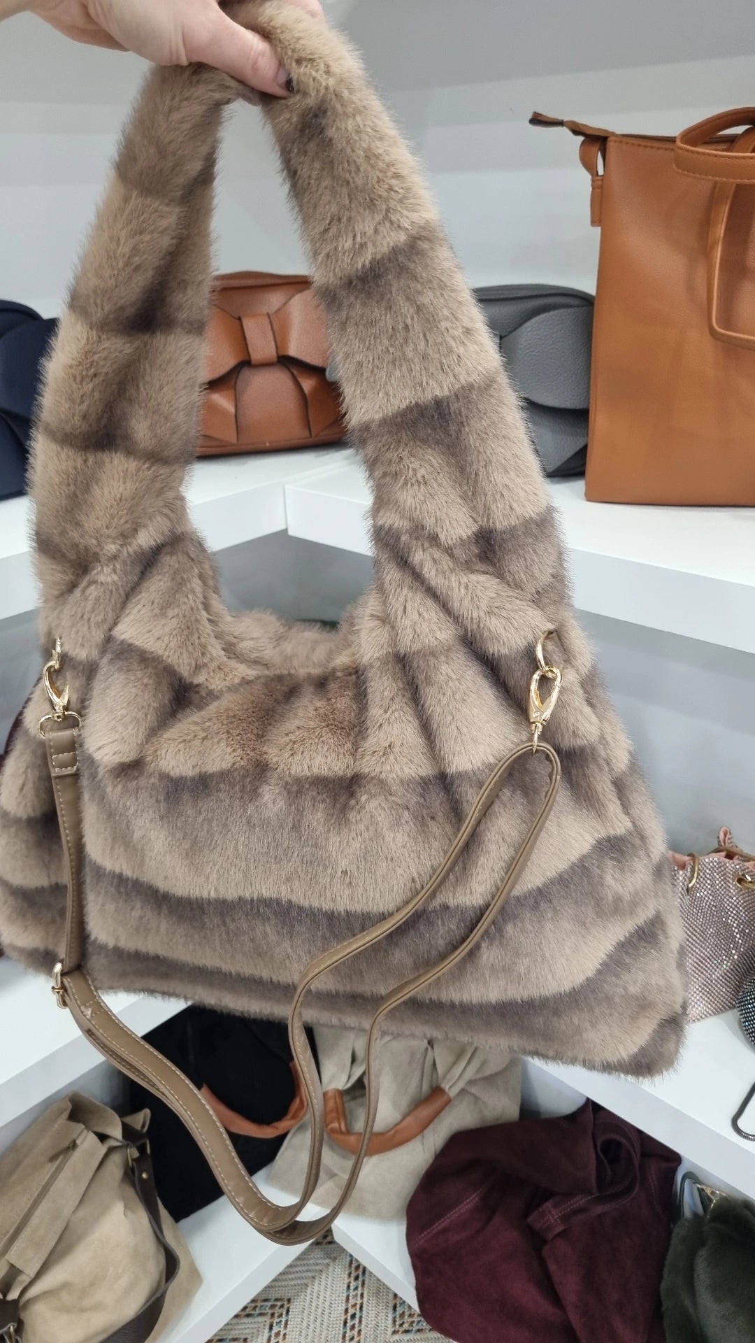 Faux fur Hobo crossbody bag in taupe