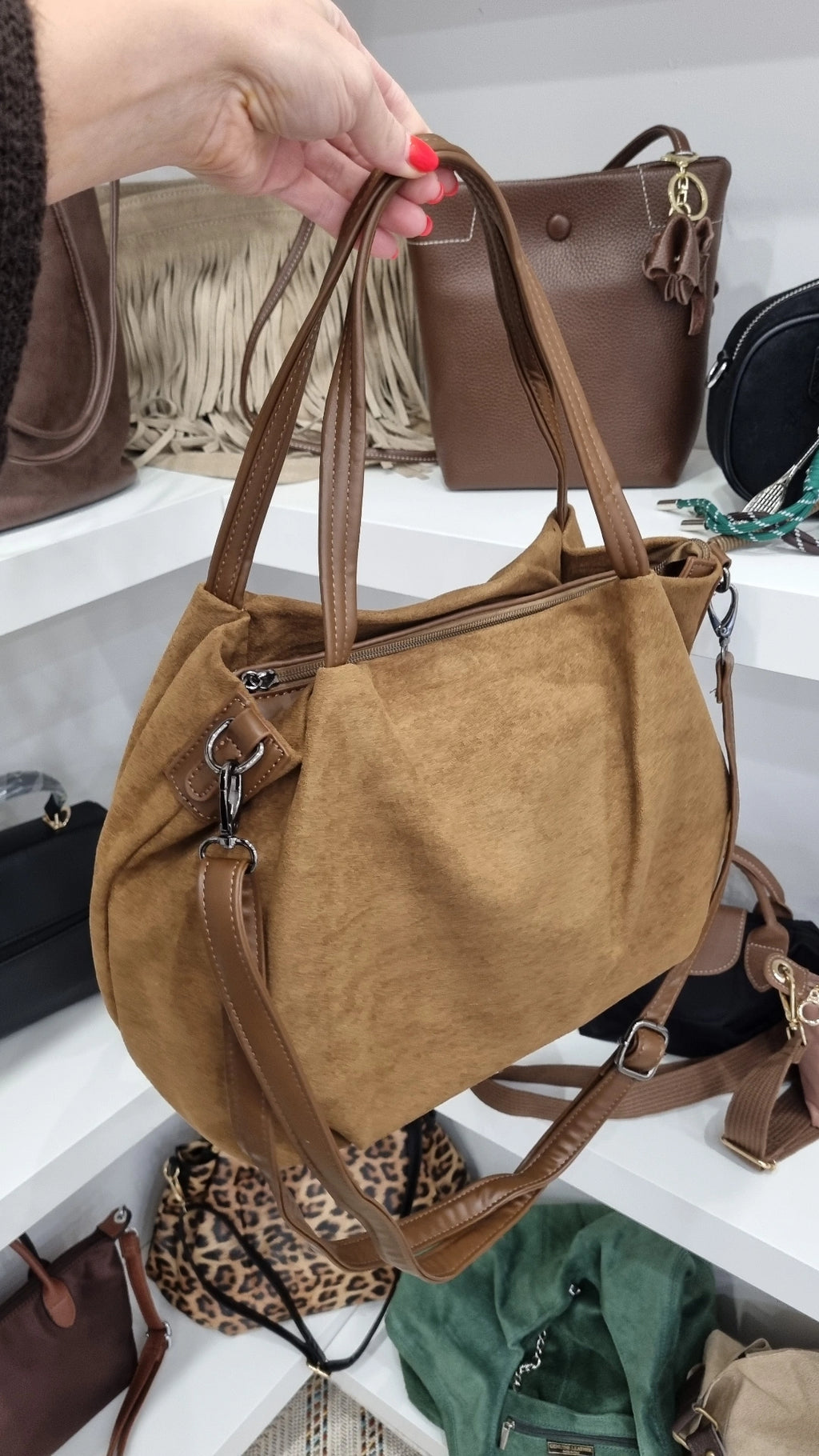 Faux suede Hobo crossbody bag in tan