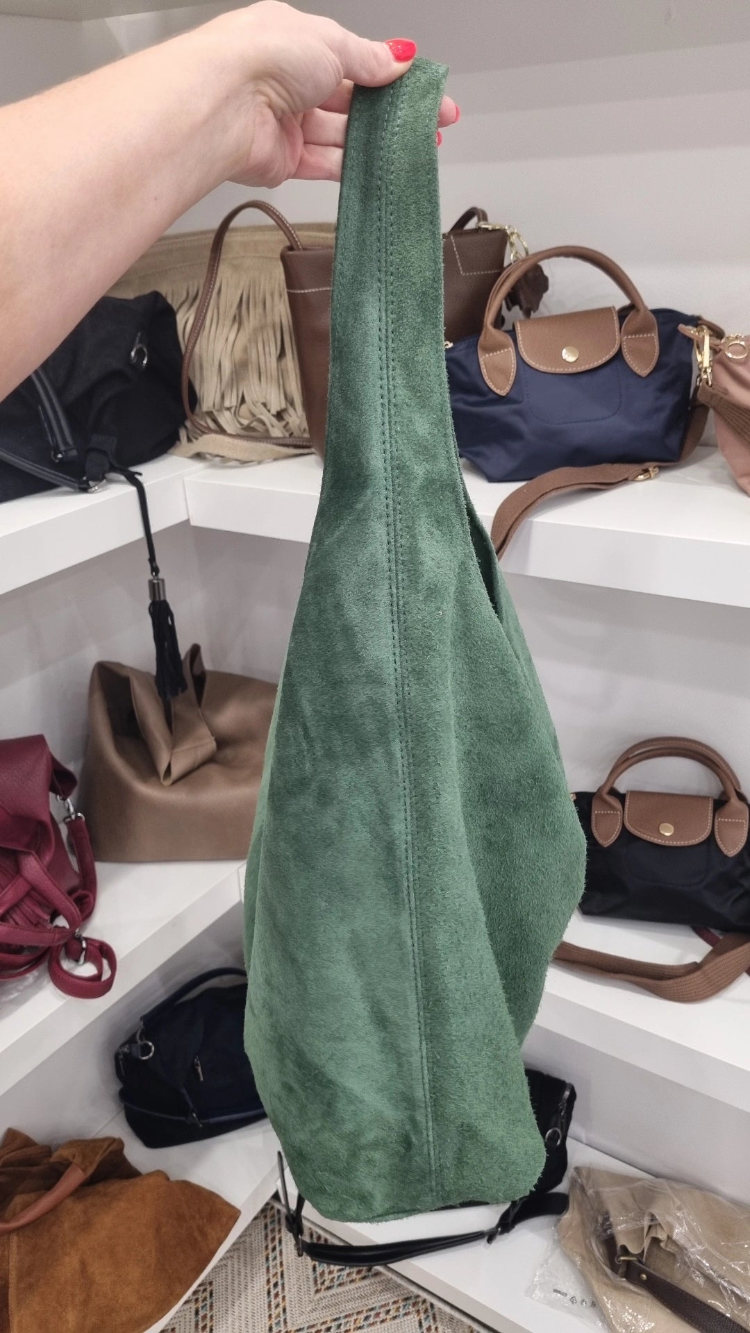 Genuine italian Leather suede Hobo bag in khaki green
