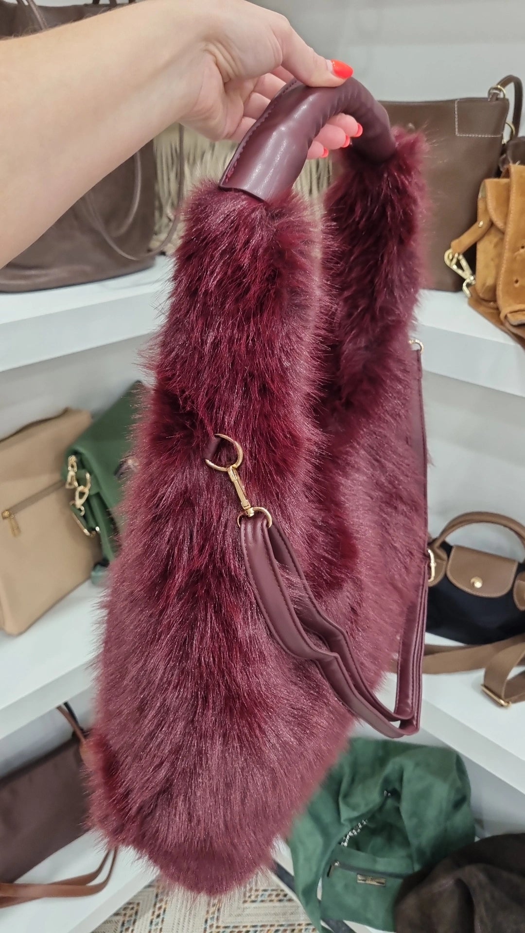 Faux fur Hobo crossbody bag in burgandy
