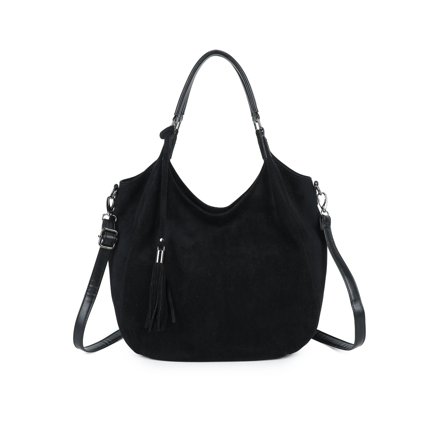 Faux suede tassle crossbody bag in black