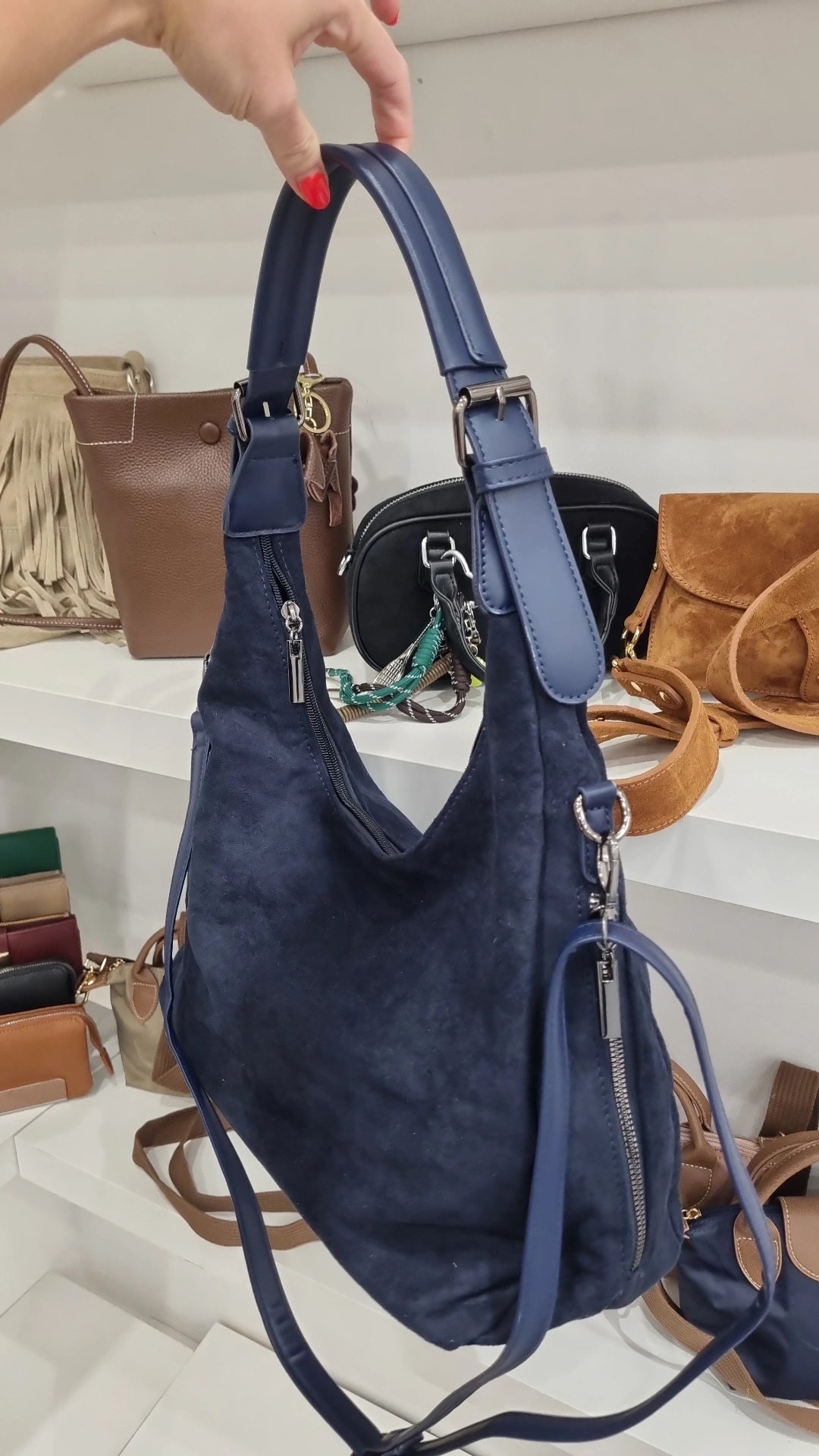Faux suede buckle detail Hobo crossbody shoulder bag in navy