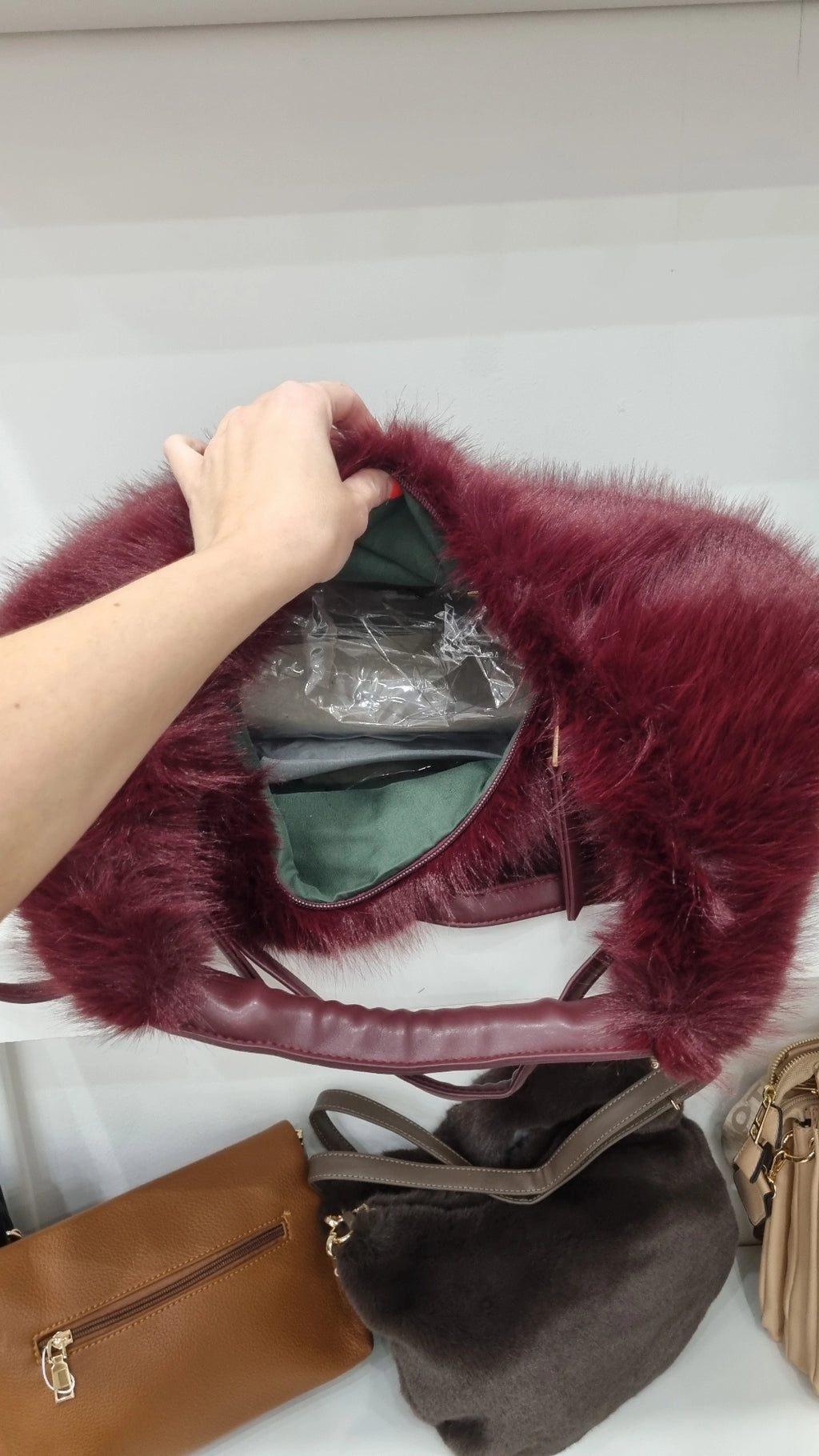 Faux fur Hobo crossbody bag in burgandy