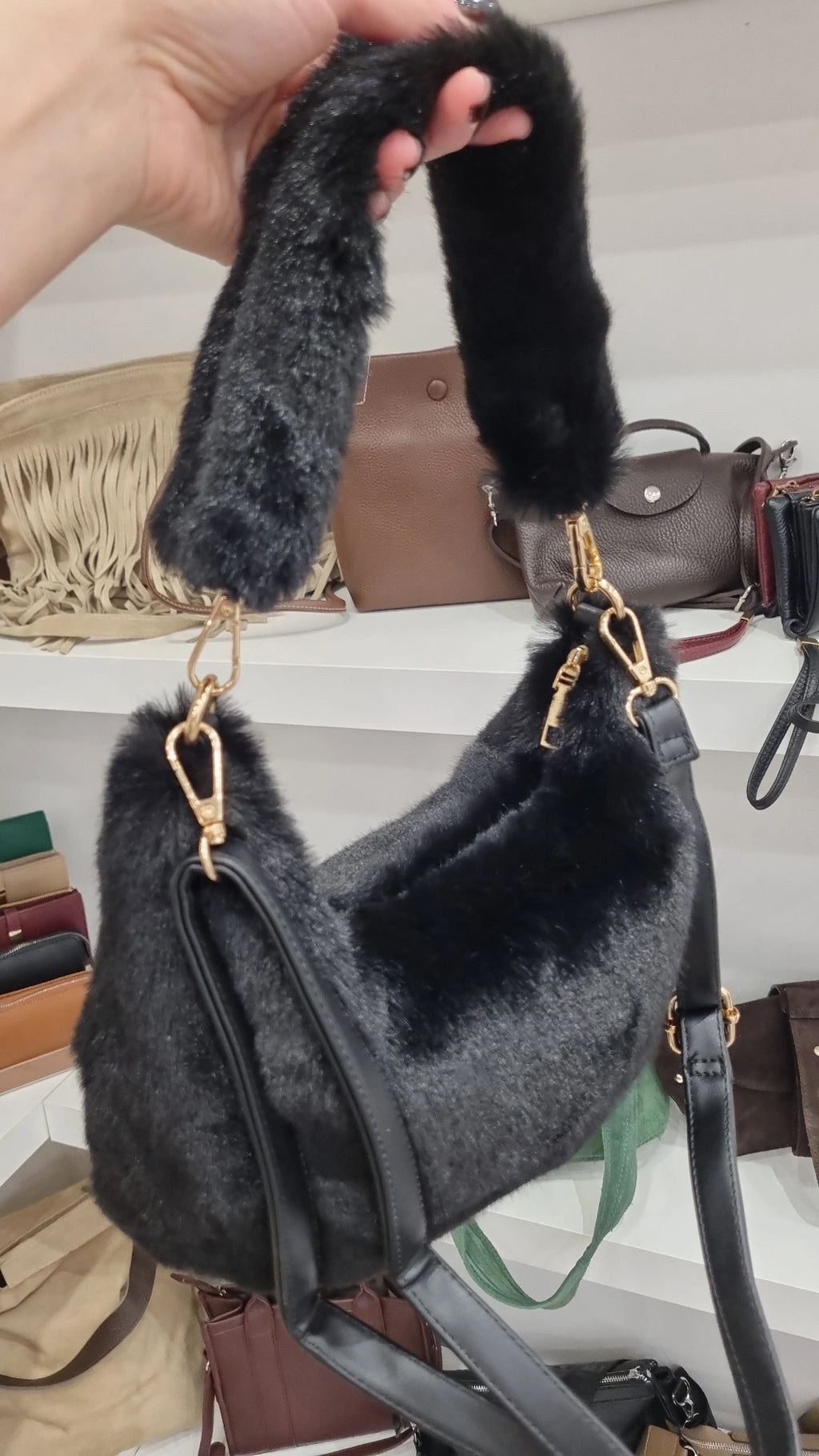 Faux fur crossbosy bag in black
