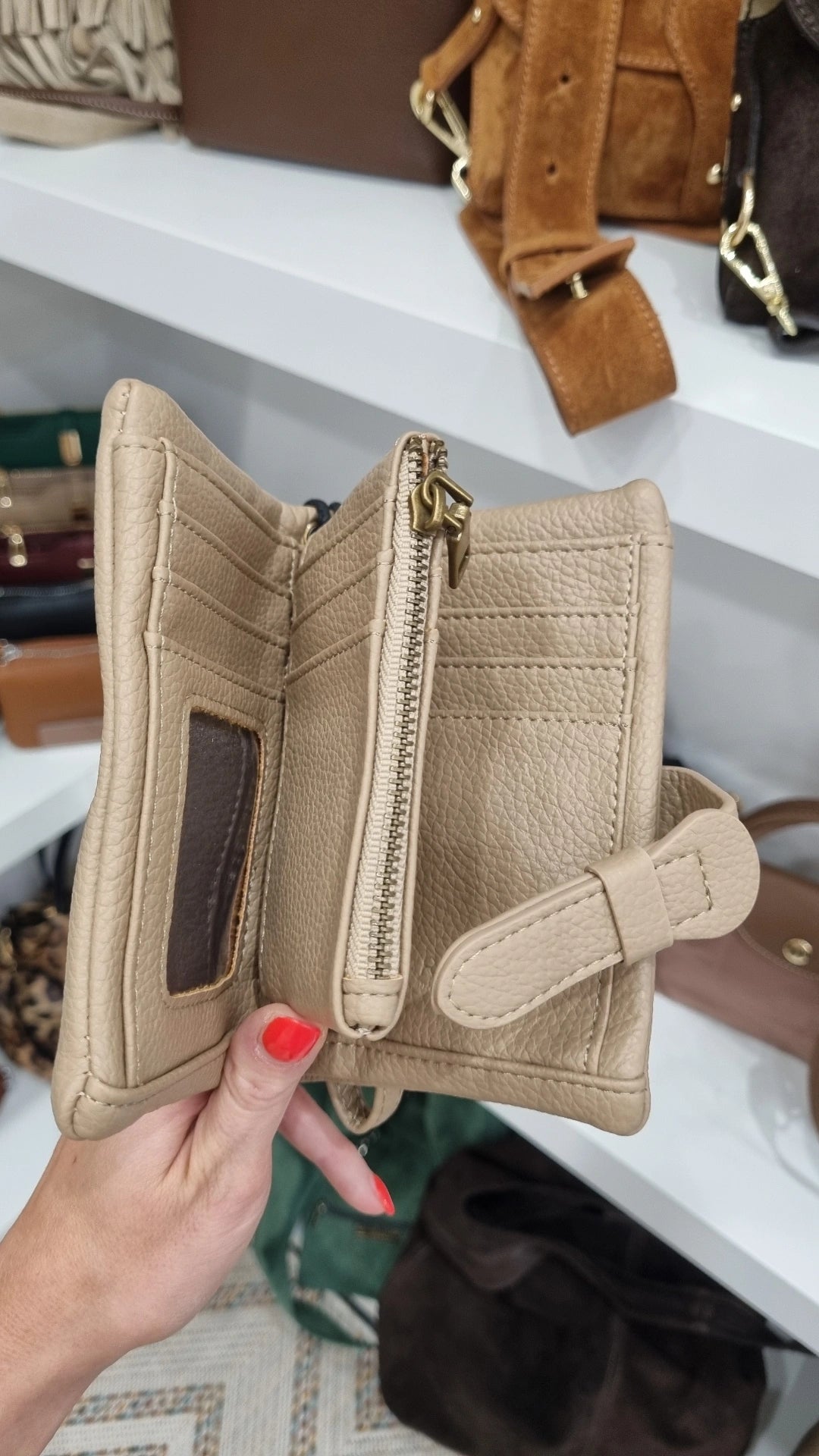 Bifold medium size wristlet purse in beige