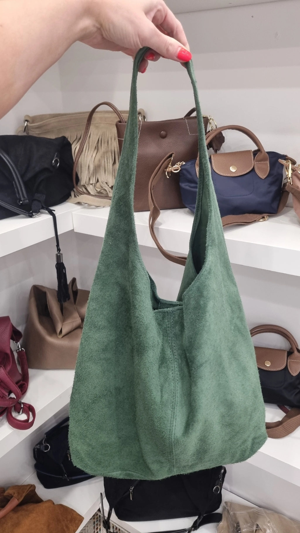 Genuine italian Leather suede Hobo bag in khaki green