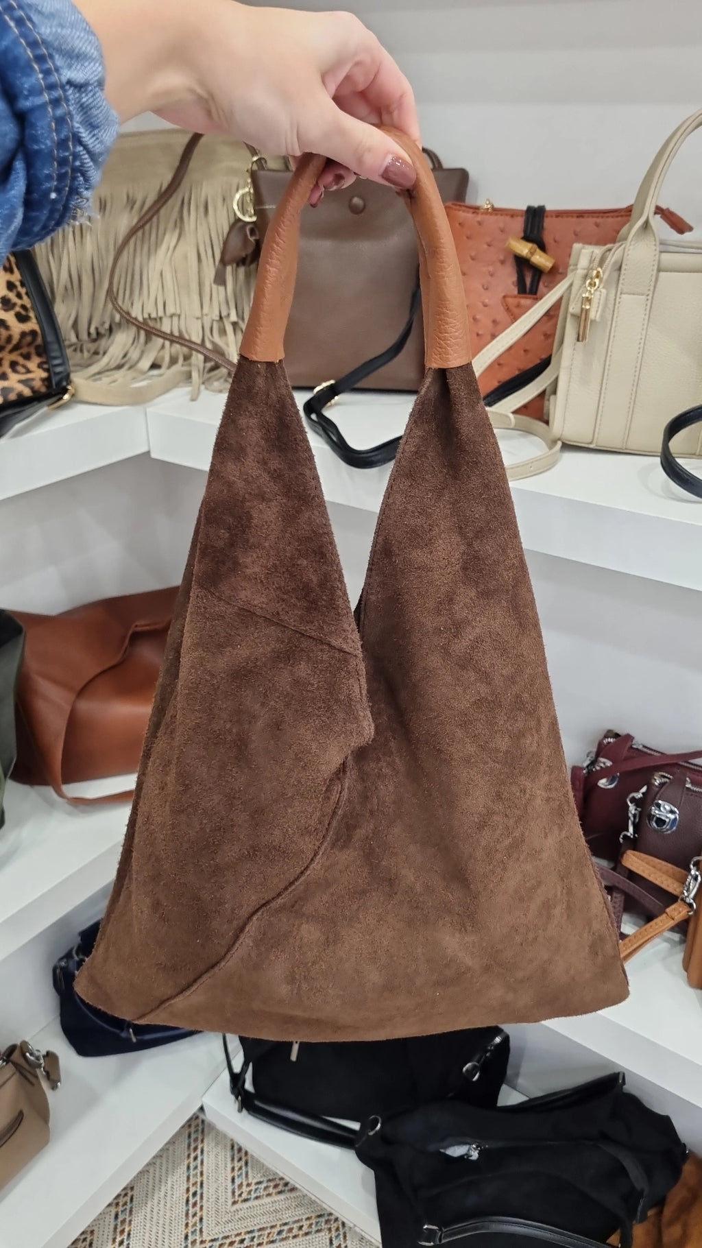 Genuine italian Leather suede Hobo bag in chocolate brown