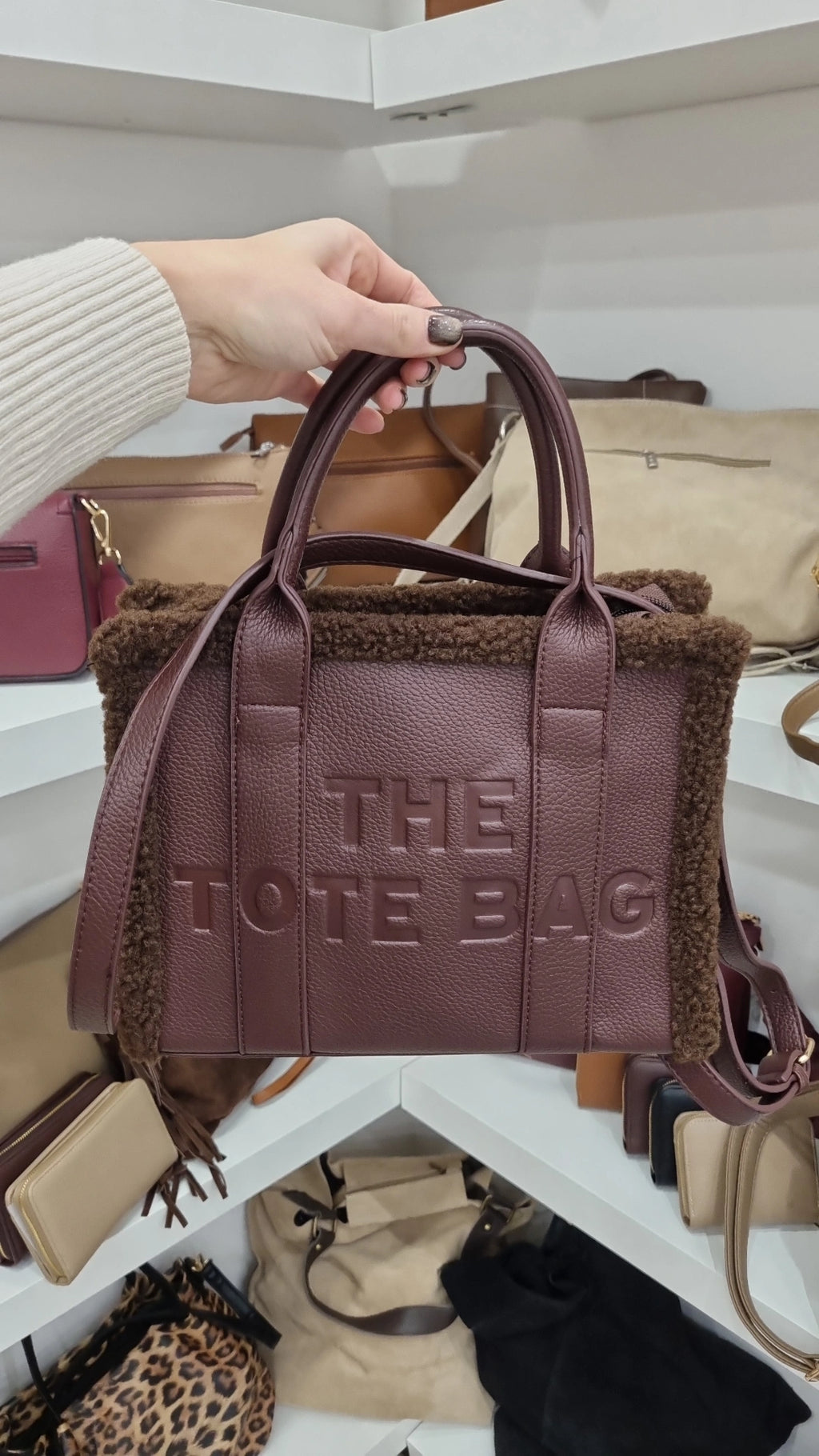 Tote wooled crossbody bag in chocolate brown