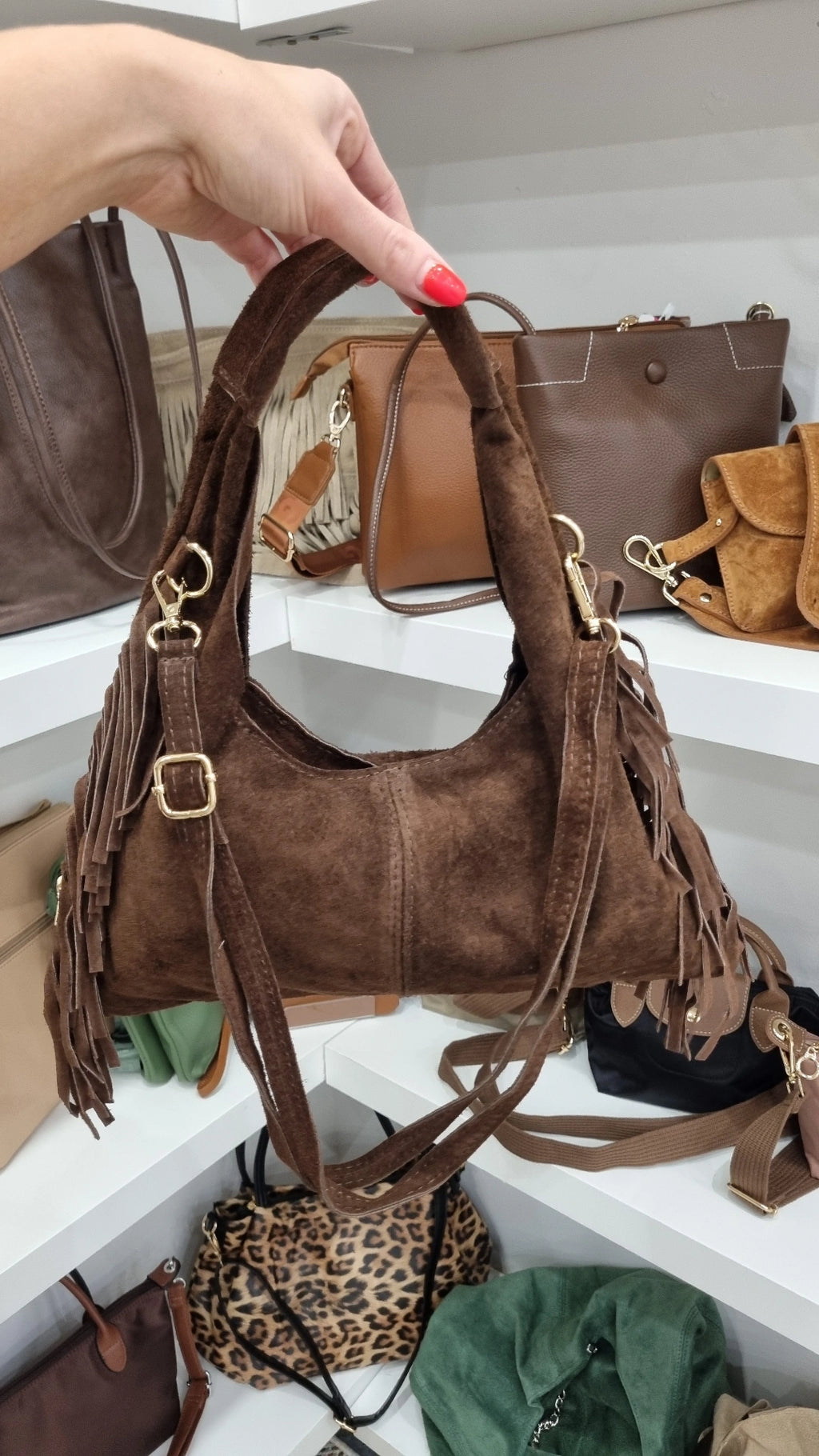 Genuine italian Leather suede Hobo tassle crossbody bag in chocolate brown