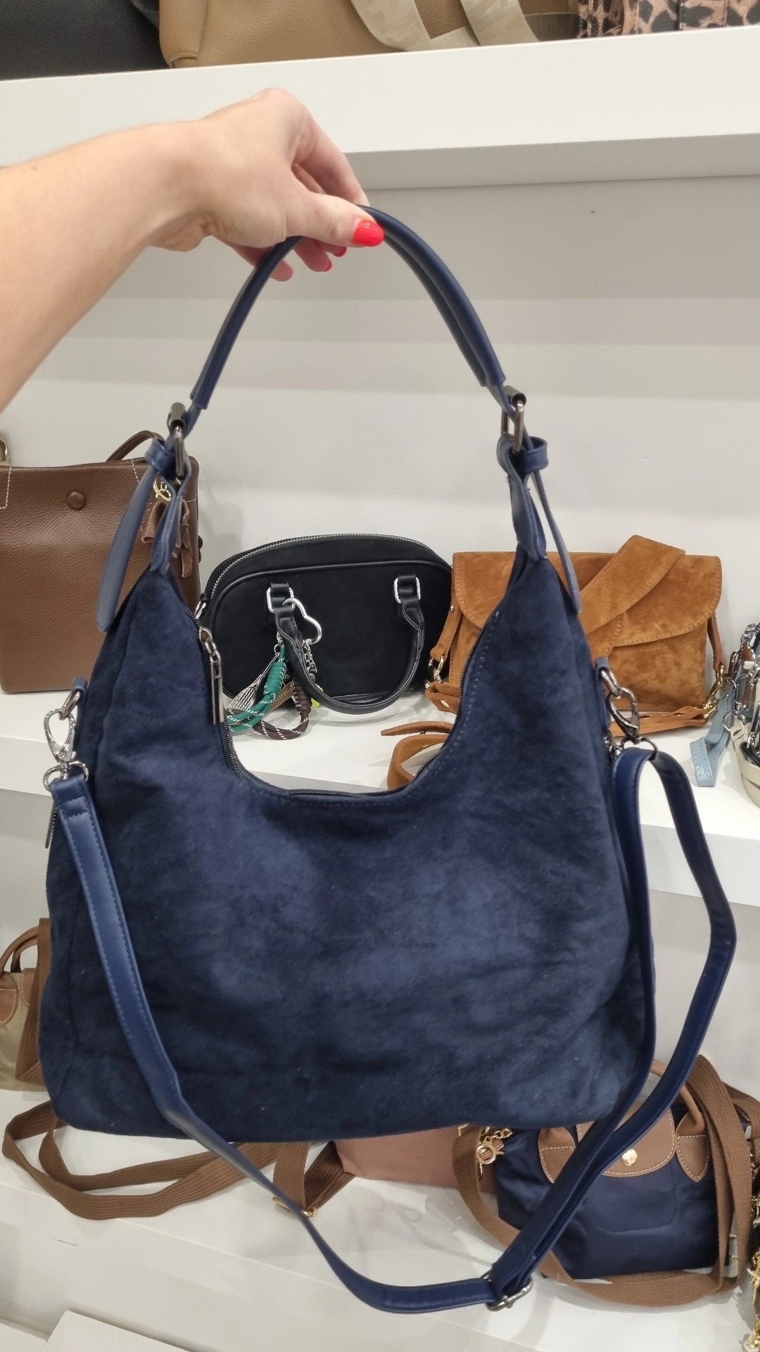 Faux suede buckle detail Hobo crossbody shoulder bag in navy