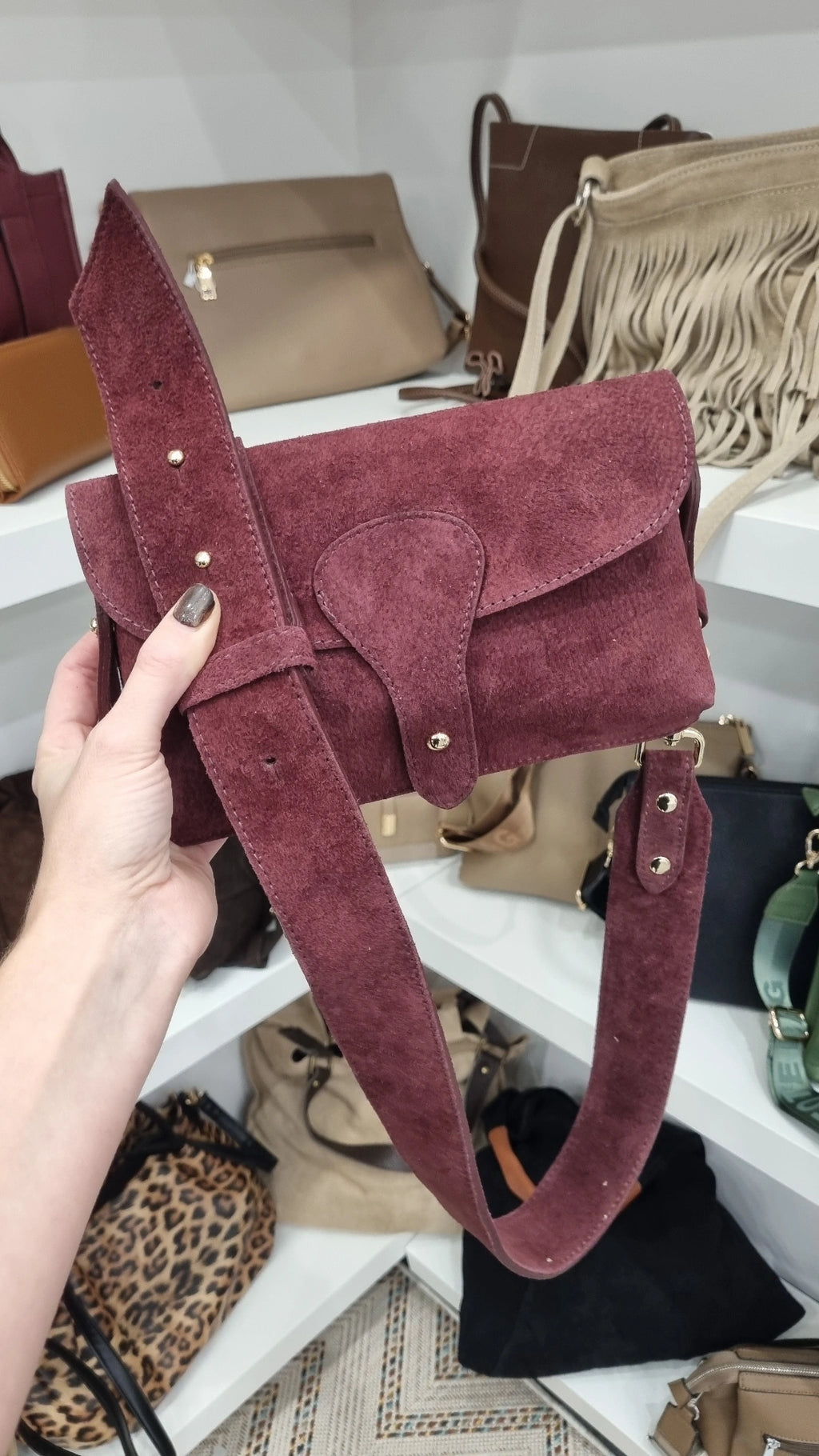 Italian leather suede satchel in burgandy