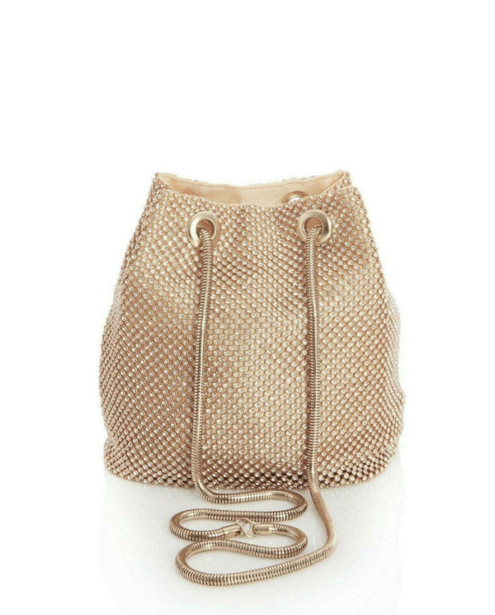 Diamonte gem stone bucket bag in gold