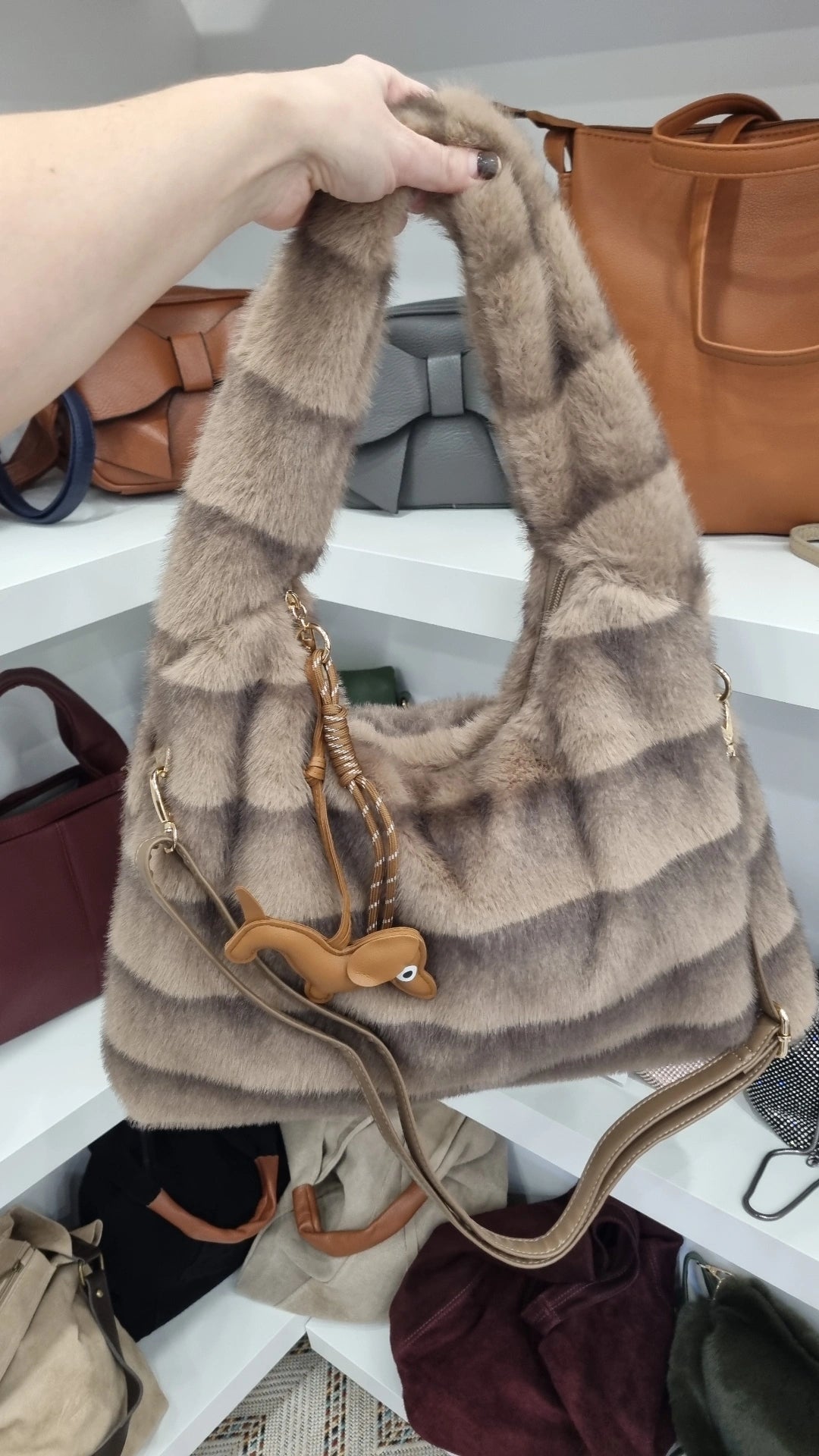 Faux fur Hobo crossbody bag in taupe
