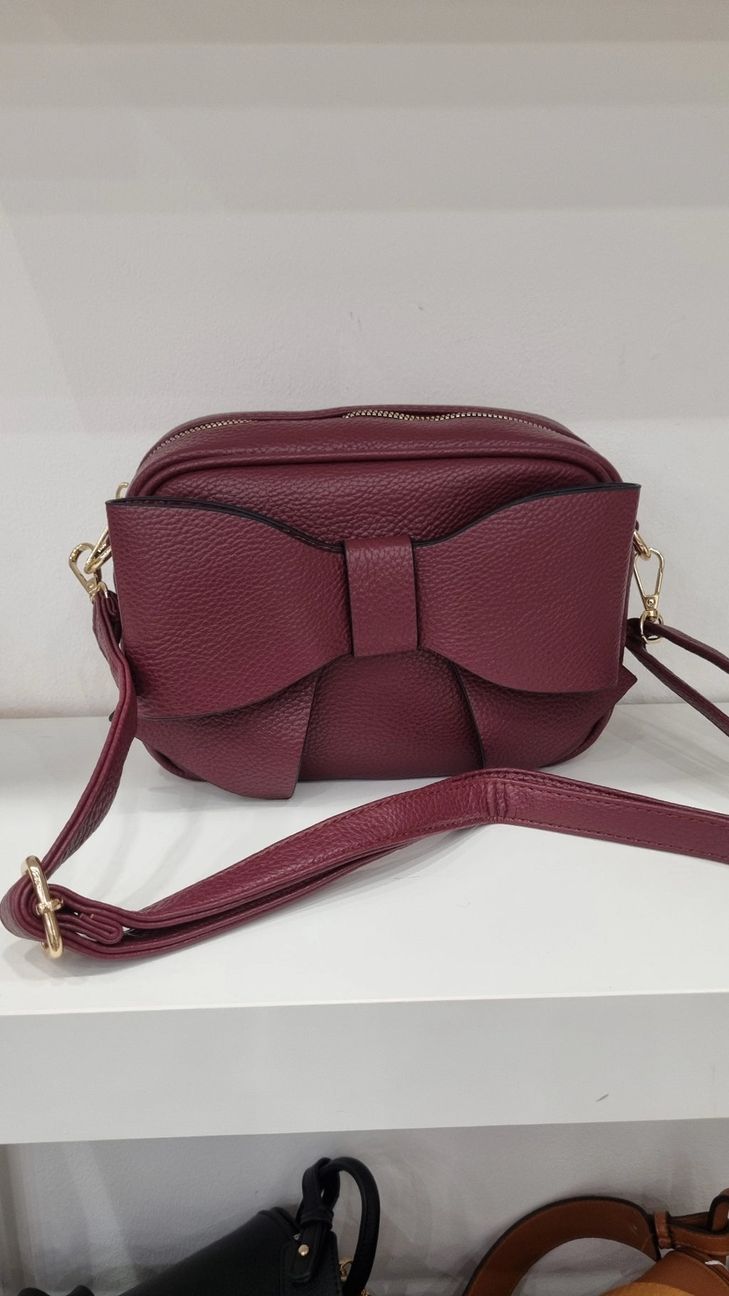 Bow detail crosbsody camera bag in burgandy