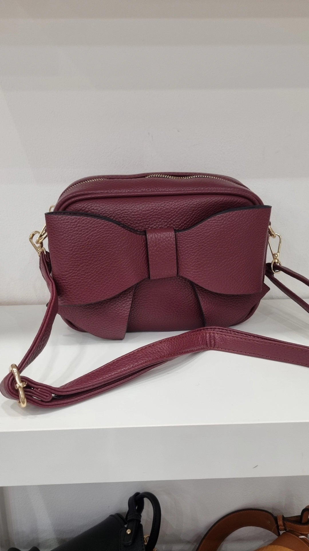 Bow detail crosbsody camera bag in burgandy