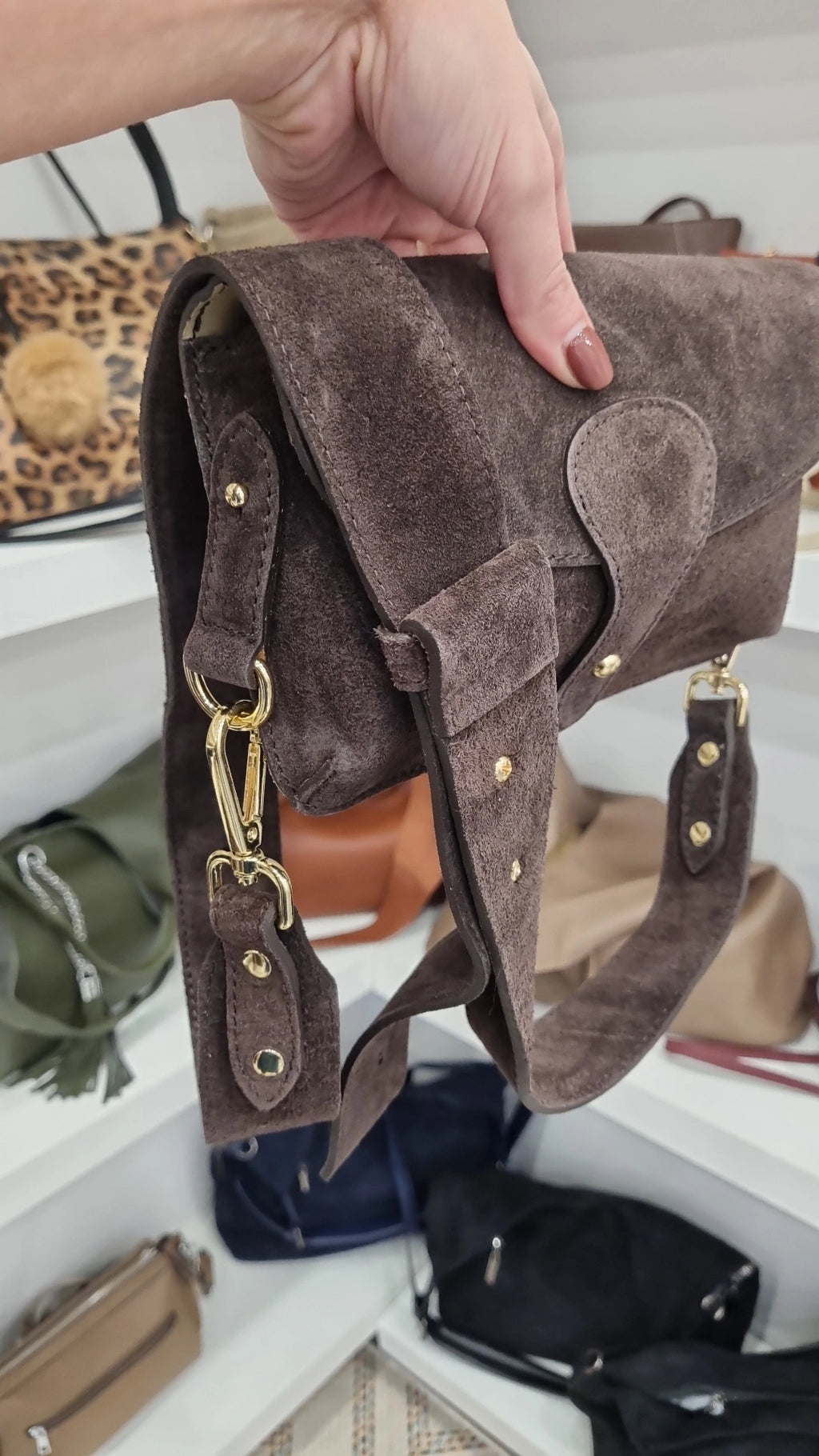 Genuine italian Leather suede satchel bag in chocolate brown