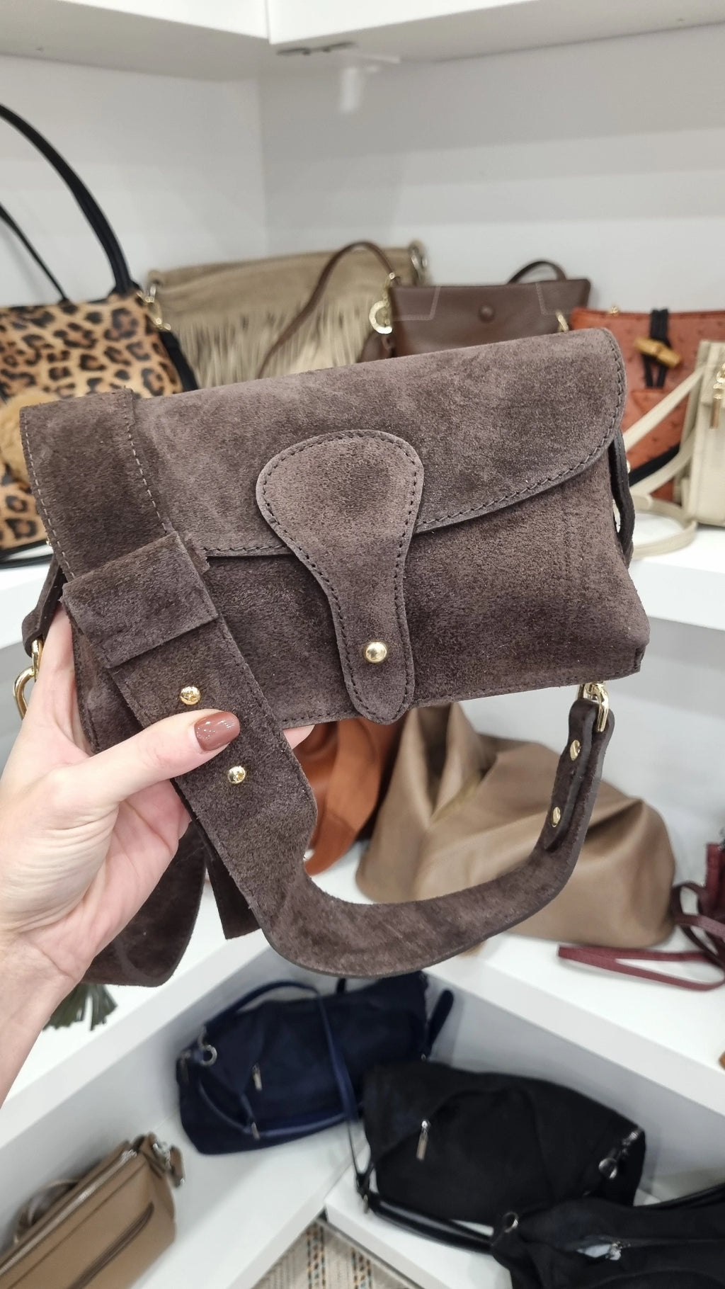 Genuine italian Leather suede satchel bag in chocolate brown