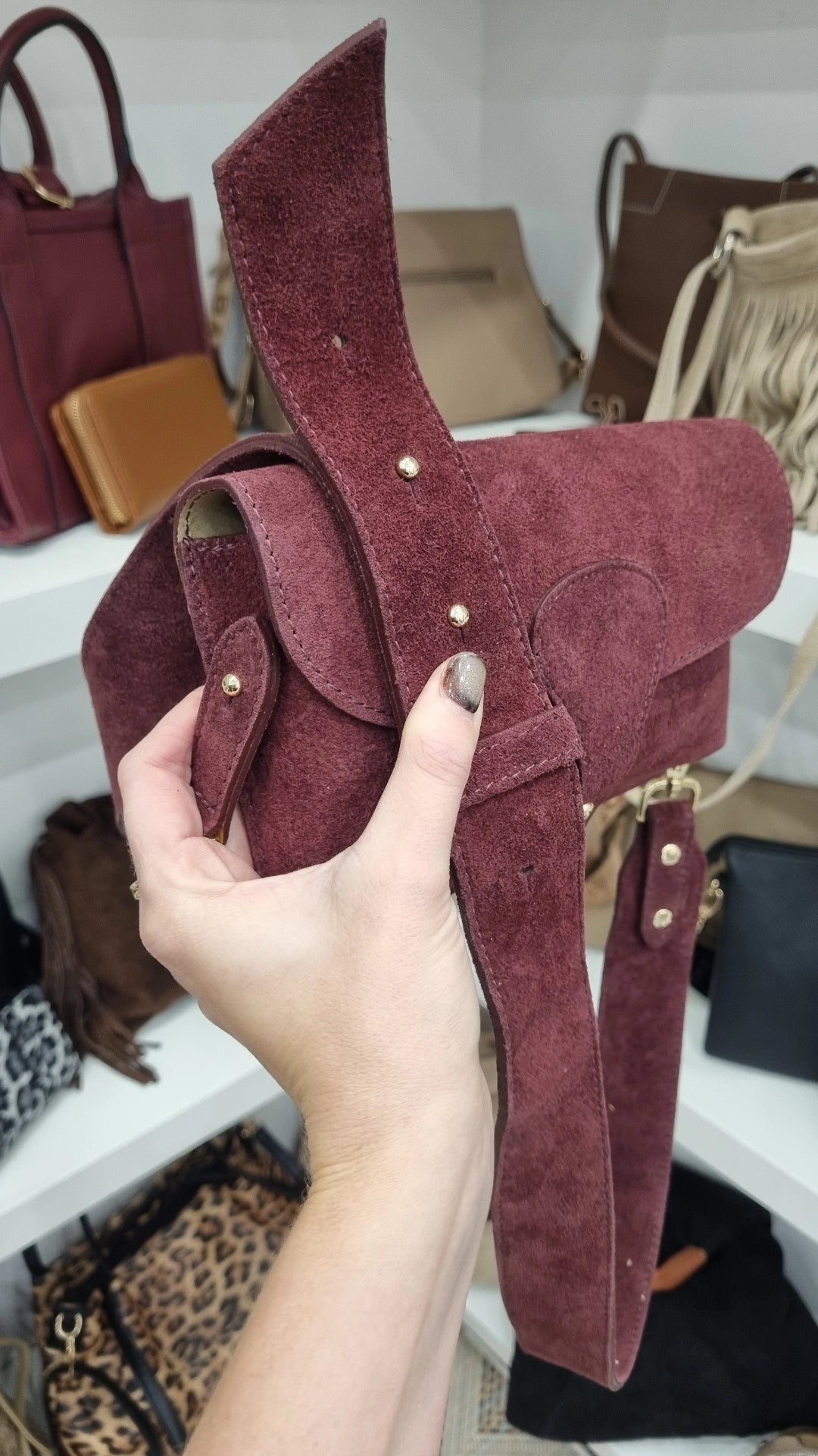 Premium italian leather suede satchel in burgandy