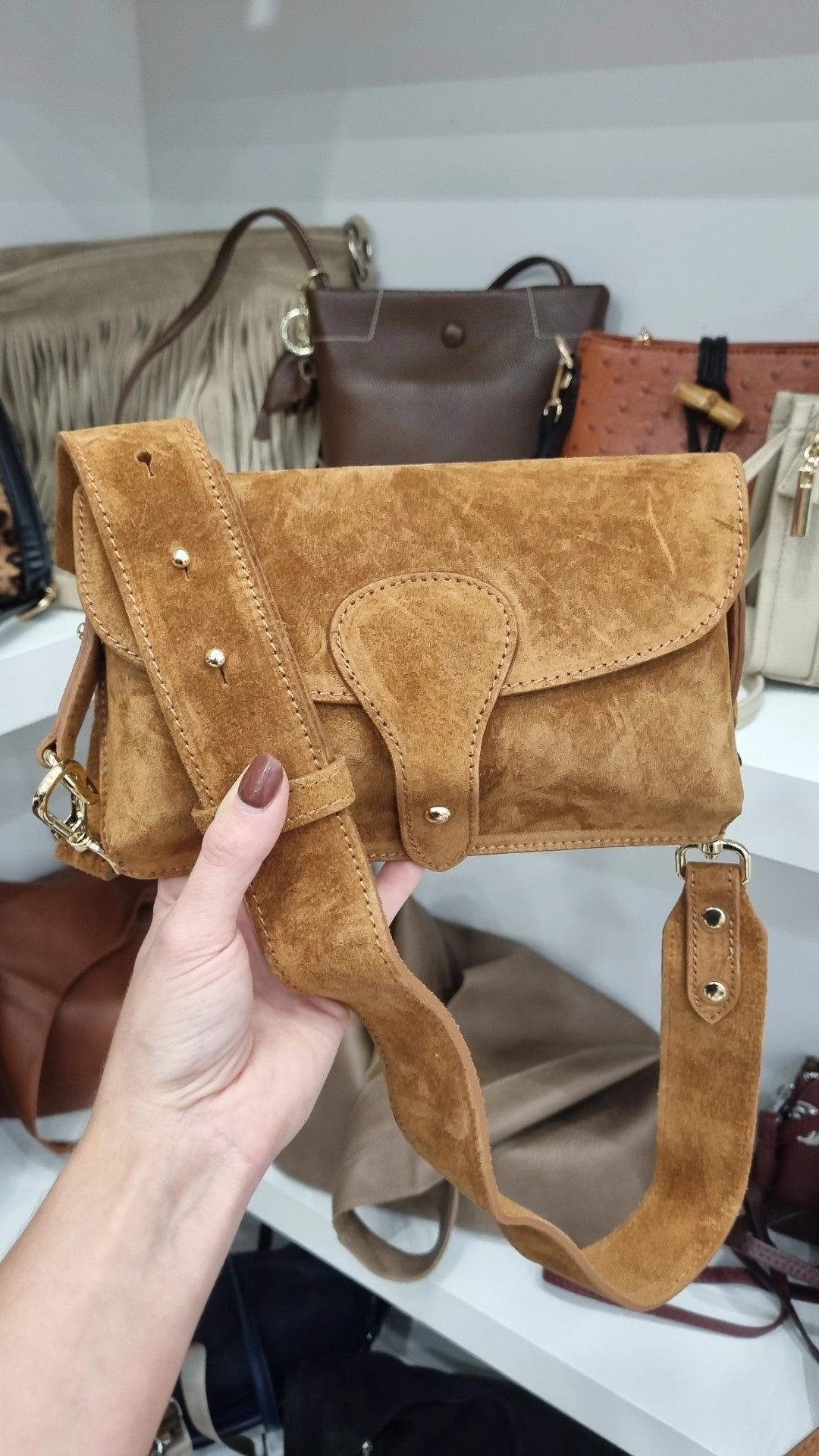 Genuine italian Leather suede satchel bag in tan