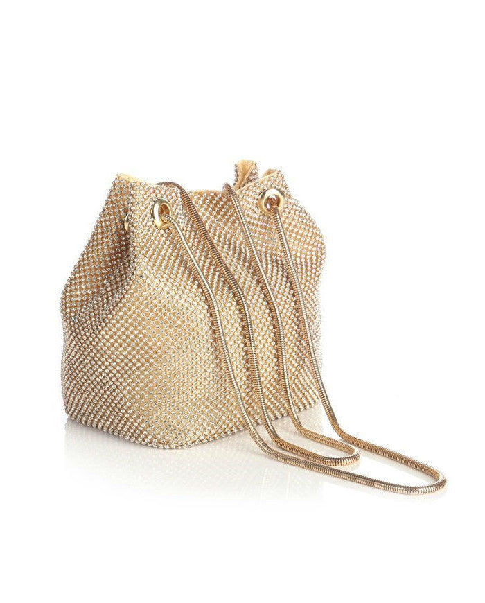 Diamonte gem stone bucket bag in gold
