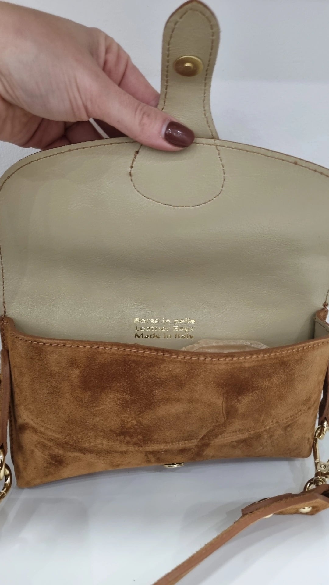 Genuine italian Leather suede satchel bag in tan