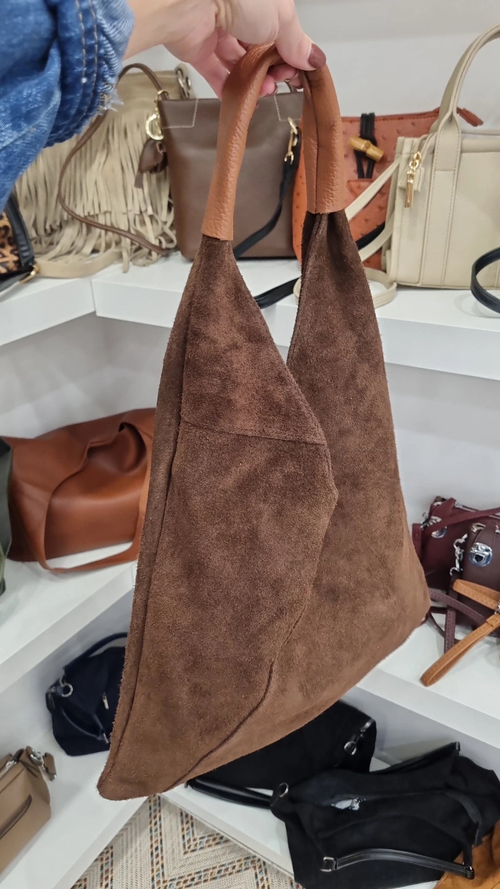 Genuine italian Leather suede Hobo bag in chocolate brown