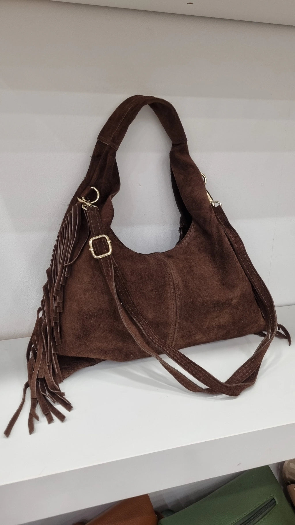 Genuine italian Leather suede Hobo tassle crossbody bag in chocolate brown