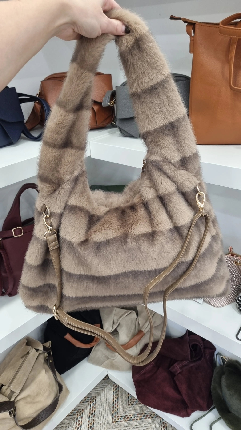 Faux fur Hobo crossbody bag in taupe