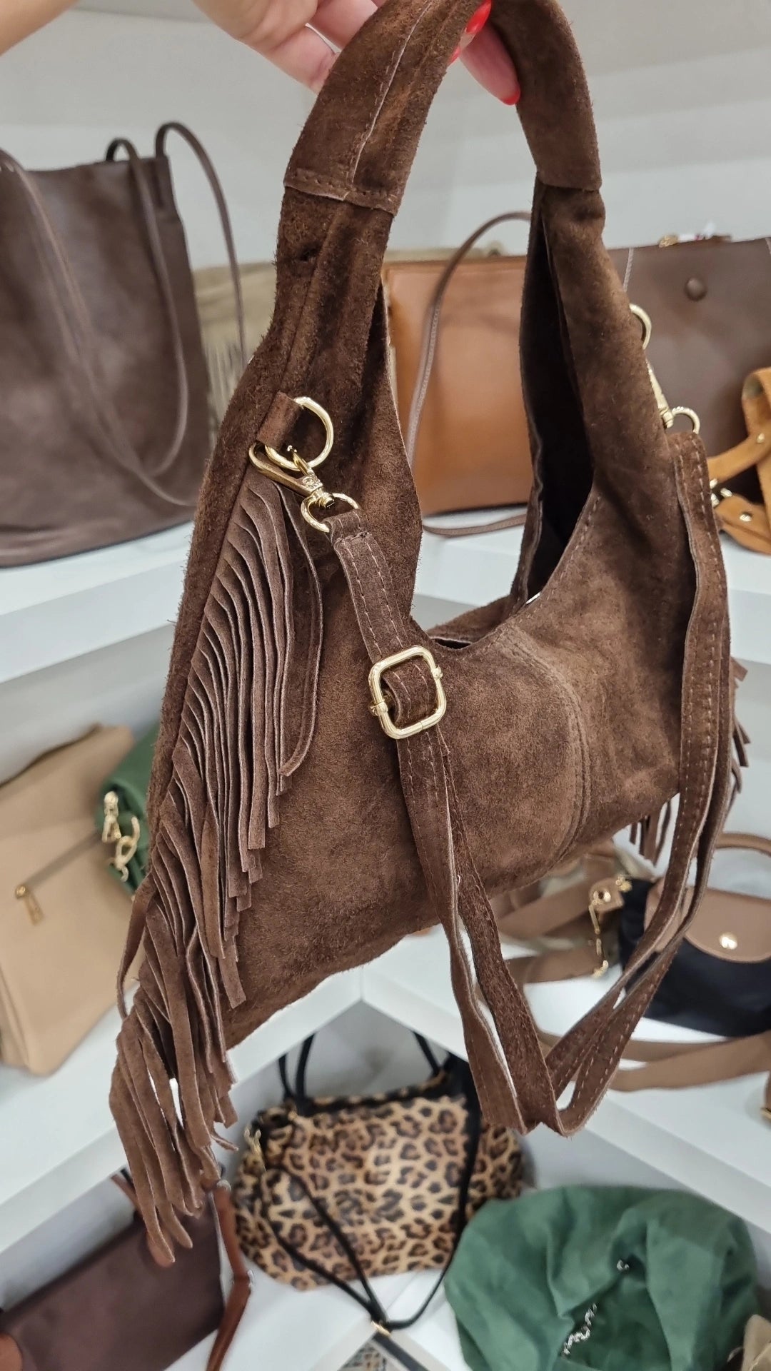 Genuine italian Leather suede Hobo tassle crossbody bag in chocolate brown