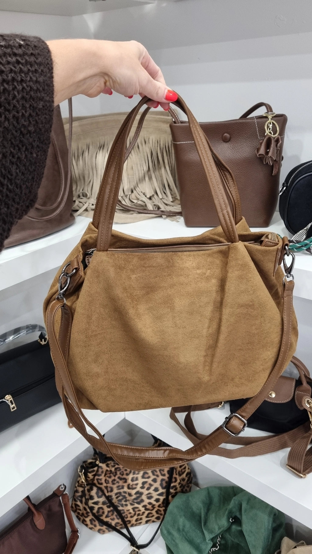 Faux suede Hobo crossbody bag in tan