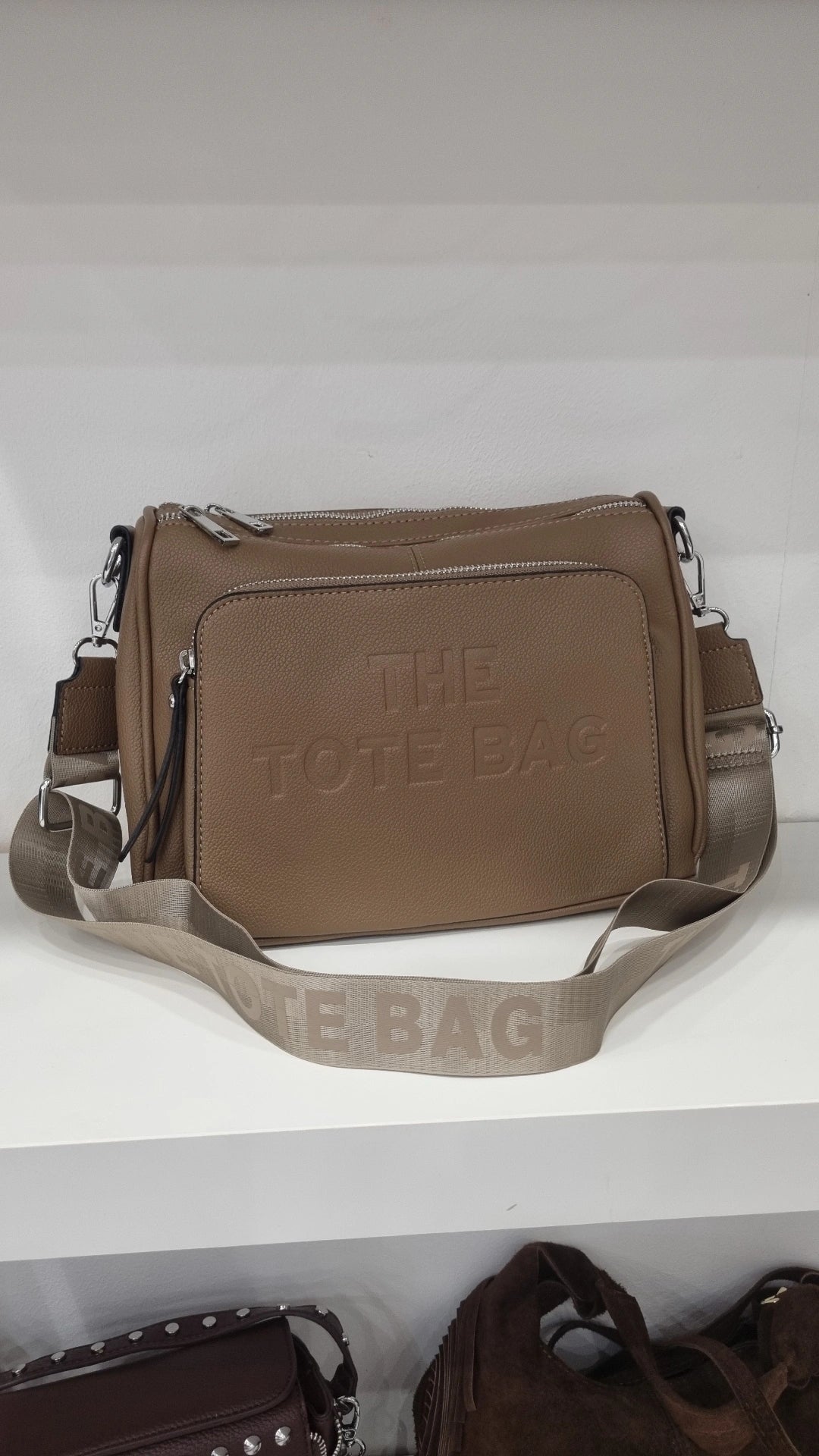 Tote double compartment crossbody bag in taupe