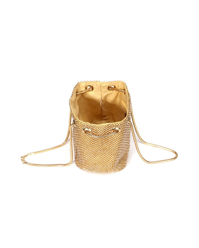 Diamonte gem stone bucket bag in gold